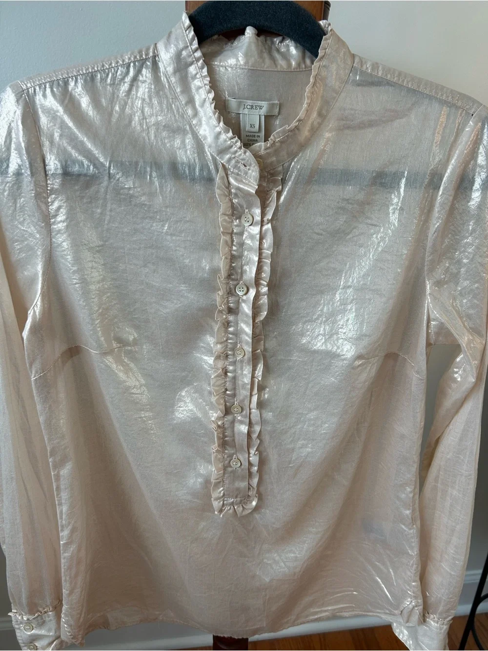 J. Crew Shimmery Champagne Ruffle-Trim Button-Down Top Size XS